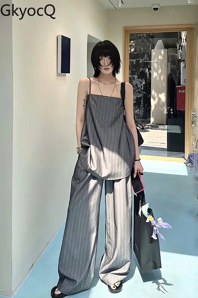 

2025 Summer Women's Sleeveless Striped Vest Top & Flowy Wide Leg Pants Set Korean Elegant 2 Piece Sets Womens Outfits