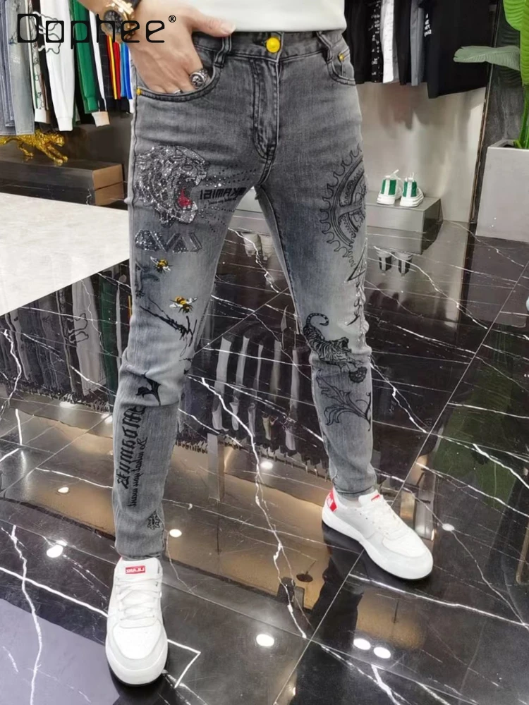 Four Seasons Fashion Brand Jeans Men's Heavy Industry Tiger Hot Drilling Fashionable Gray Slim Fit Skinny Pants Men Pants