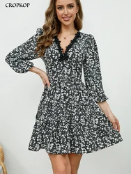 Lace Short Dresses For Women Fashion Black Floral Puff Sleeve Dress Spring V Neck A-line New In Dresses Women Clothing 2024