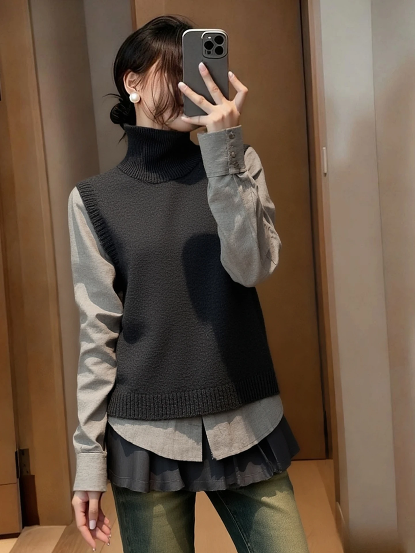 

ay High Ne Knitted Sweater Long Sve Layering Two-Piece Set Faionable mat Sle Women's Premium Feeling Autumn...