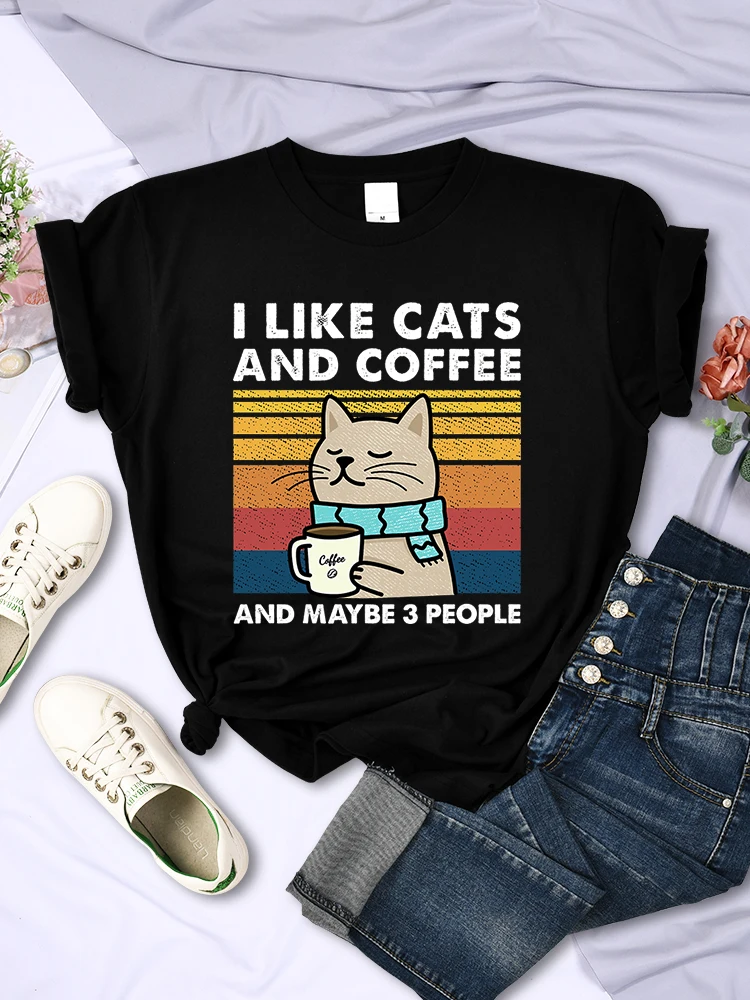 I Like Cats And Coffee Printed T Shirt Women Hip Hop Summer Soft Tops Fashion Casual Cute Short Sleeve Breathable Cool Tshirt