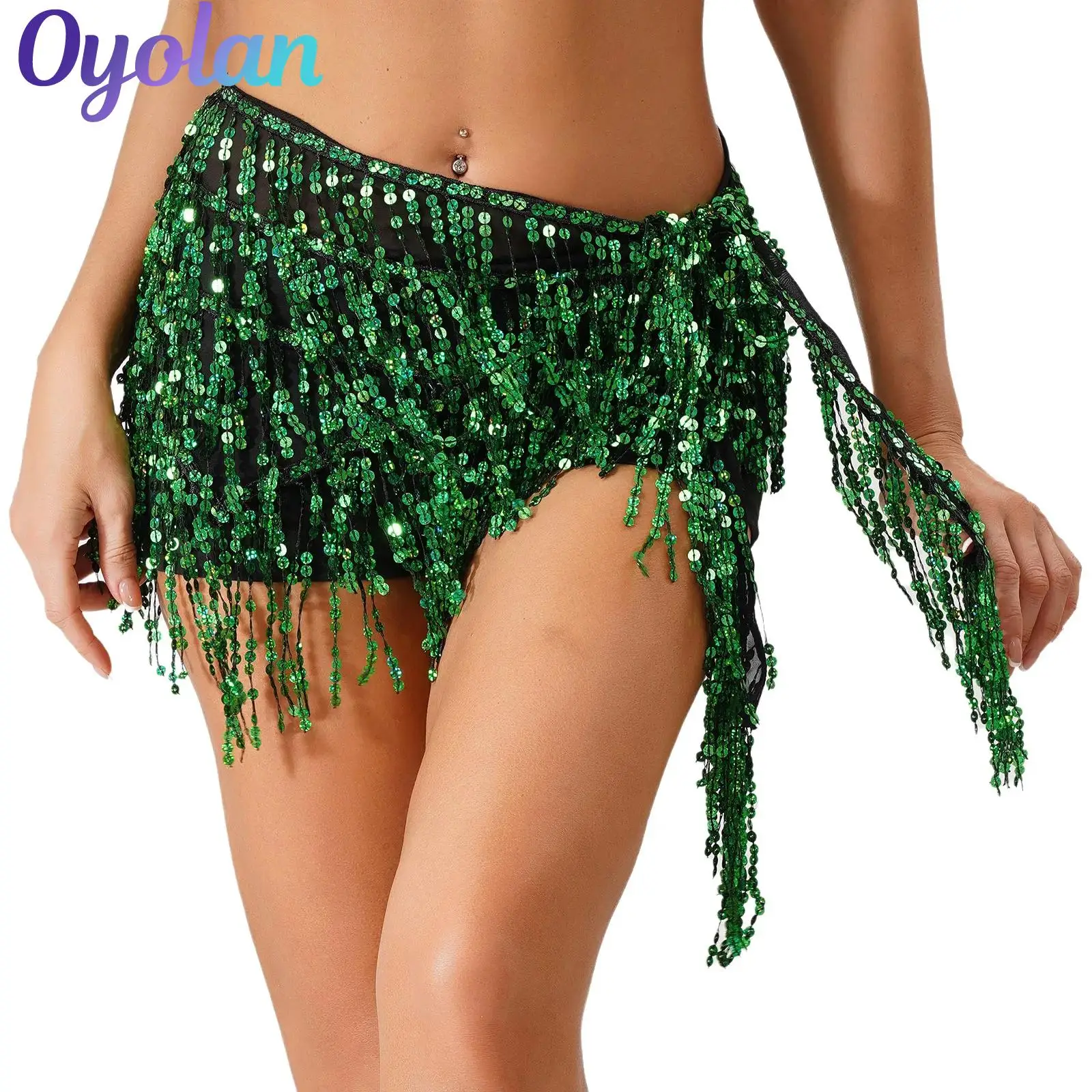 

Womens Belly Dance Mini Skirts Sequin Tassel Hip Scarf Tiered Glittery Fringe Wrap Skirt Waist Chain Latin Chacha Dance Costume