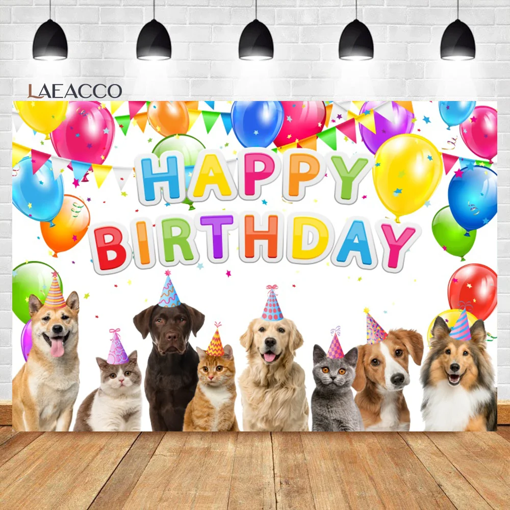 Laeacco Pet Balloons Happy Birthday Backdrop Kitten Cats and Dogs' Birthday Party Portrait Customized Photography Background