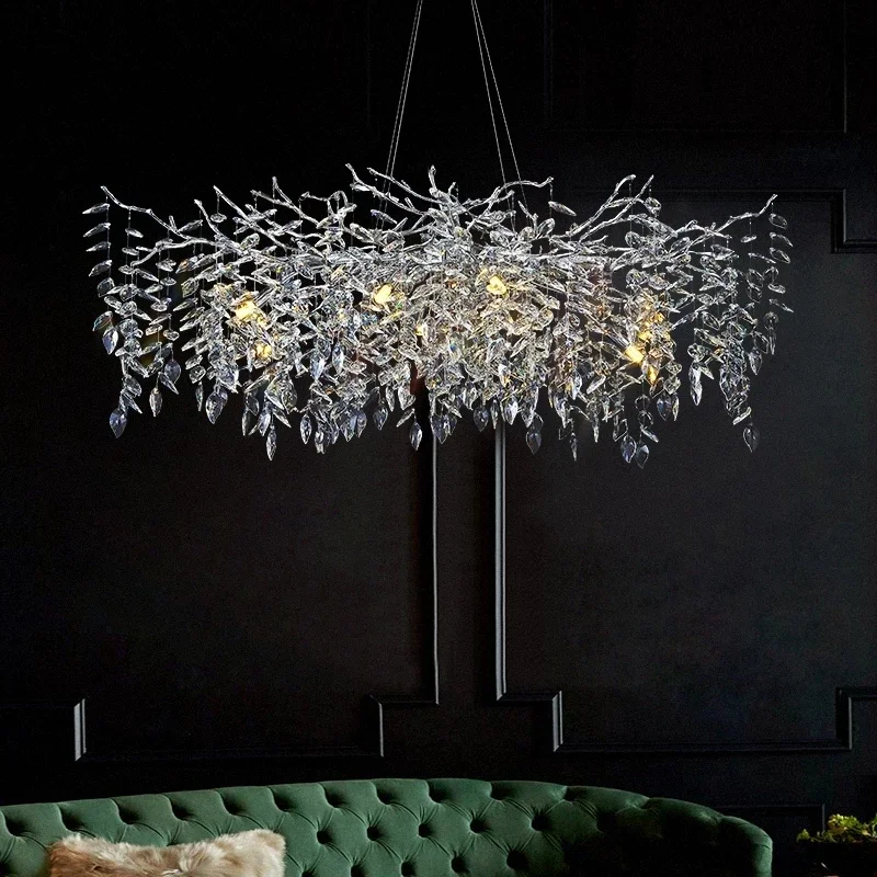 

Minimalist LED Luxury Crystal Chandelier Hanging Pendant Light Silver Home Indoor Suspension Lustre Living Room Villa Decor Lamp