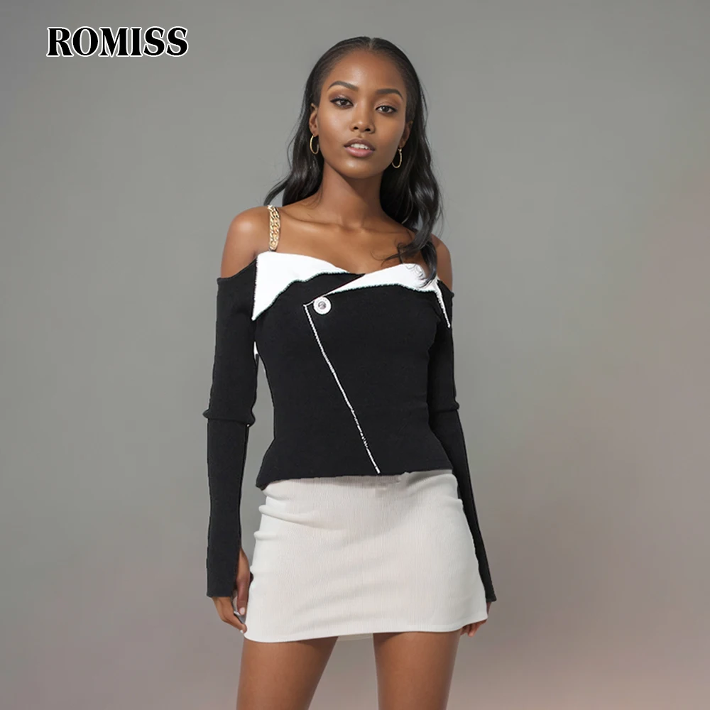 

ROMISS Hit Color Tunic T Shirt For Women Square Collar Long Sleeve Patchwork Chain Diamond Short Tops Female Fashion 2024