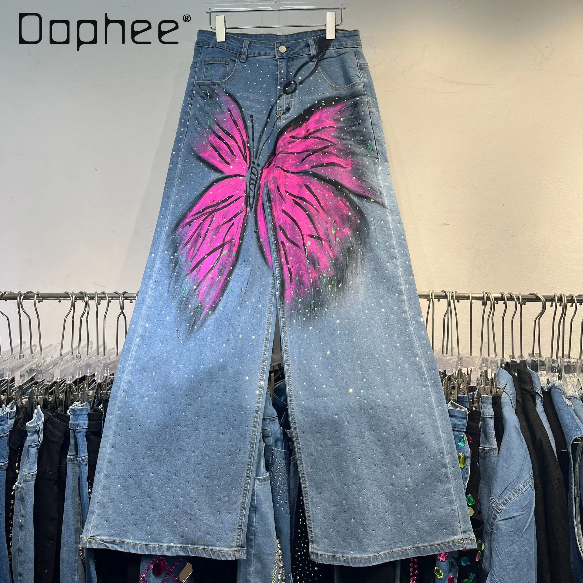 

2025 New Tide Brand Hand-painted Ink-splashed Butterfly Jeans Women's Spring Summer New Heavy Industry Hot Diamond Jeans
