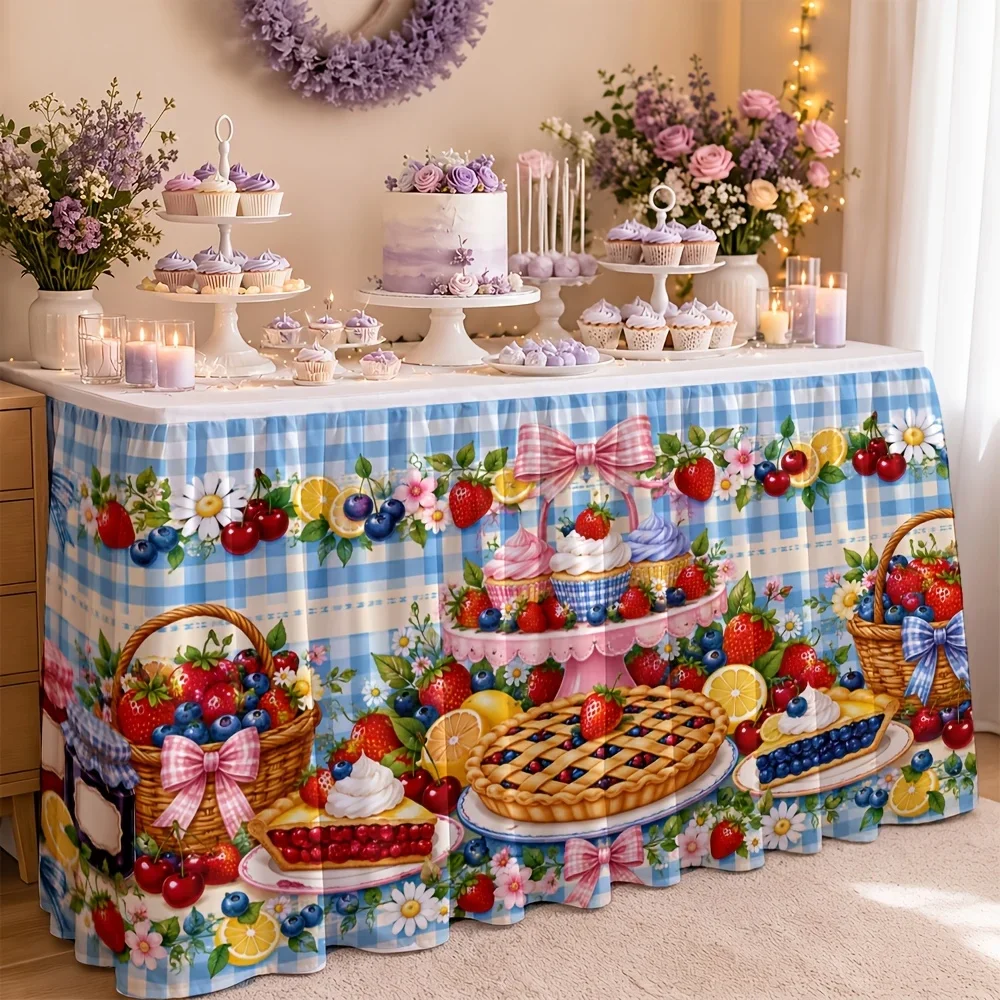 Party table skirt - 1-piece set for picnic dessert theme. Bright colors. Imagination-filled. Cheerful.