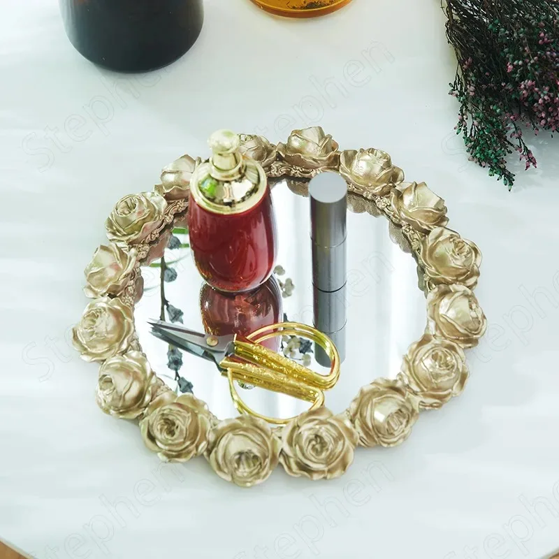 Gold-plated Rosette Mirror Trays Decorative Nordic Luxury Jewelry Cosmetic Display Tray Wrought Iron Glass Cake Dessert Plates