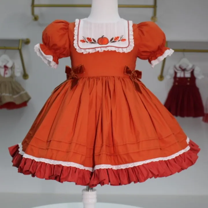 0-12Y Baby Girl Summer  Orange Pumpkin Embroidery Turkish Vintage Spanish Princess Dress for Holiday Birtday Photography B149