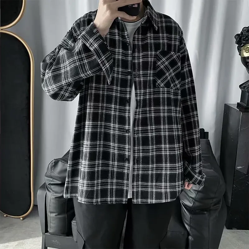 

Men Shirts Oversized Cotton Plaid Shirt Button Up Hip Hop Long Sleeve Tops Korean Harajuku Mens Clothing Casual Vintage Ulzzang