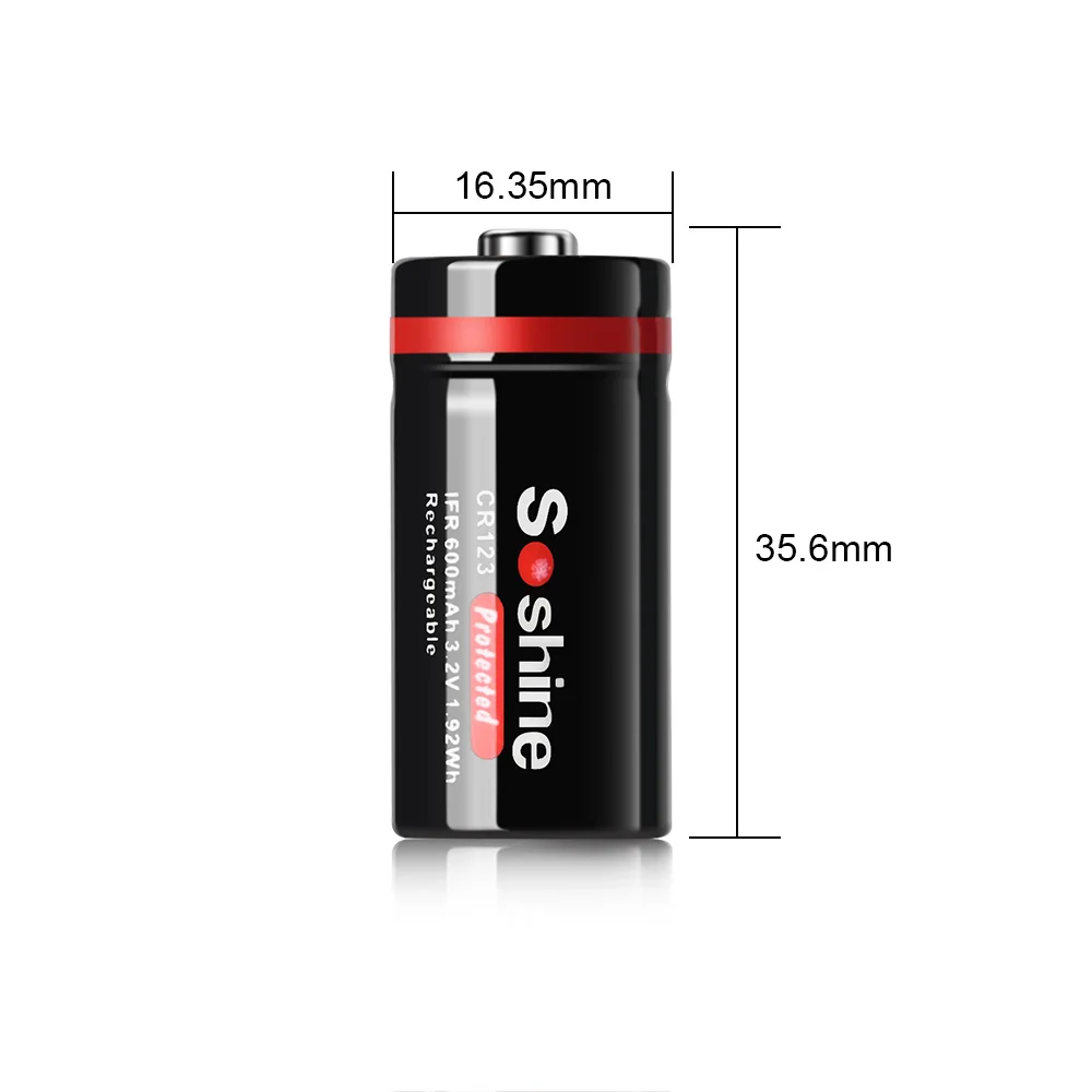 Soshine 16340 600mAh LiFePO4 Battery 3.2V RCR123 CR123 600mAh Rechargeable Battery with Protected for LED Flashlights Headlamps