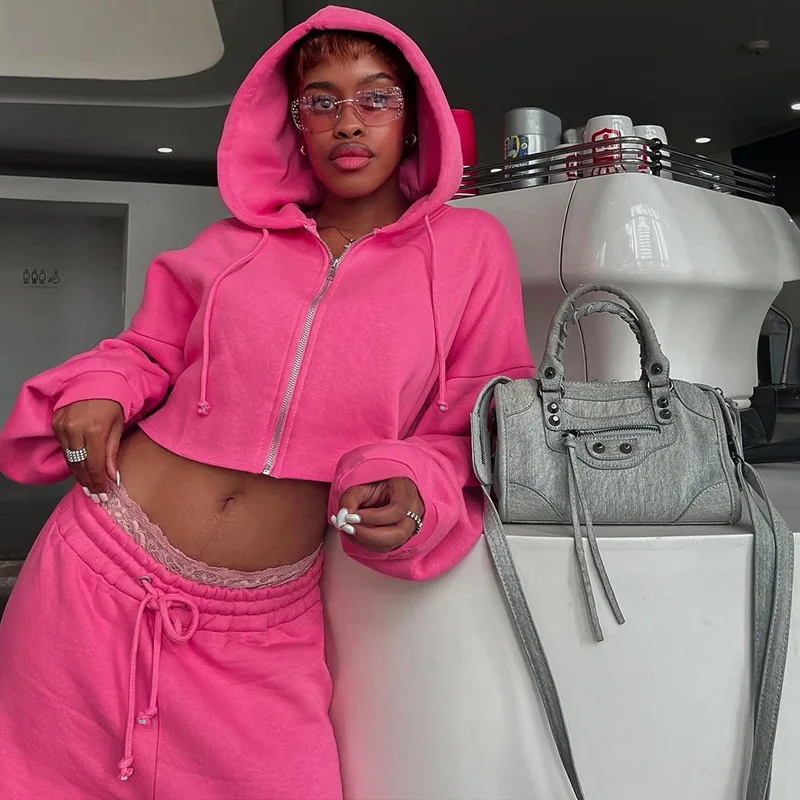 

Повседневный простой женский комплект из 2 предметов, укороченная куртка на молнии с карманами и капюшоном + брюки, спортивная одинаковая уличная одежда, узкие базовые наряды