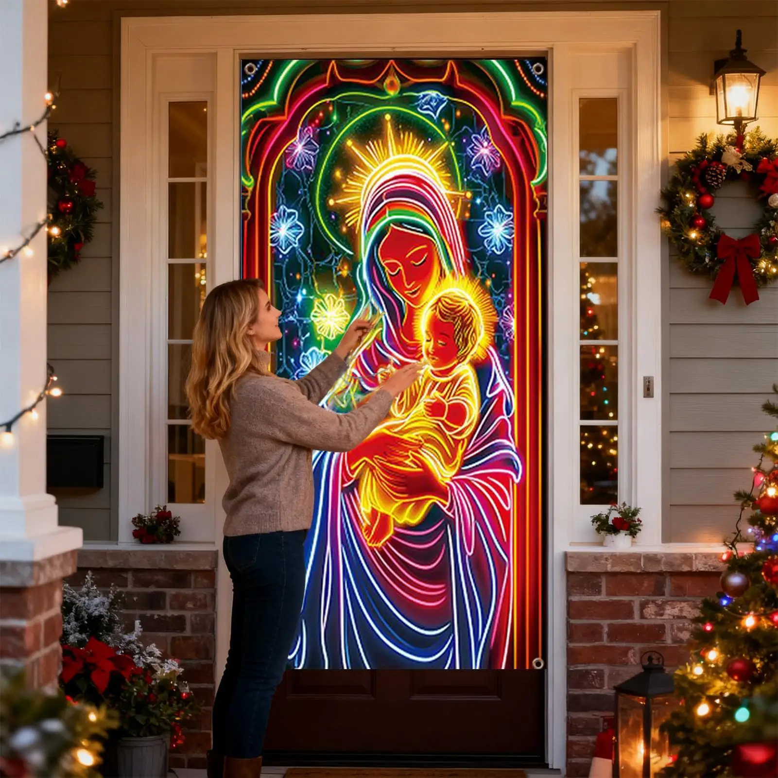 Christmas Front Door Decoration Cover Religious Front Door Jesus Scene Covers Porch Sign Photography Background For Indoor