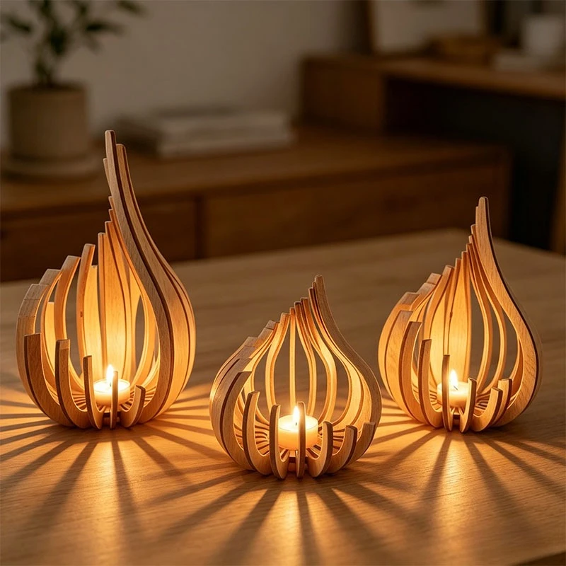 DIY Wooden Tealight Candle Holder Handmade Art Decorative Ornament Light Stand for Home Room Desktop Decoration
