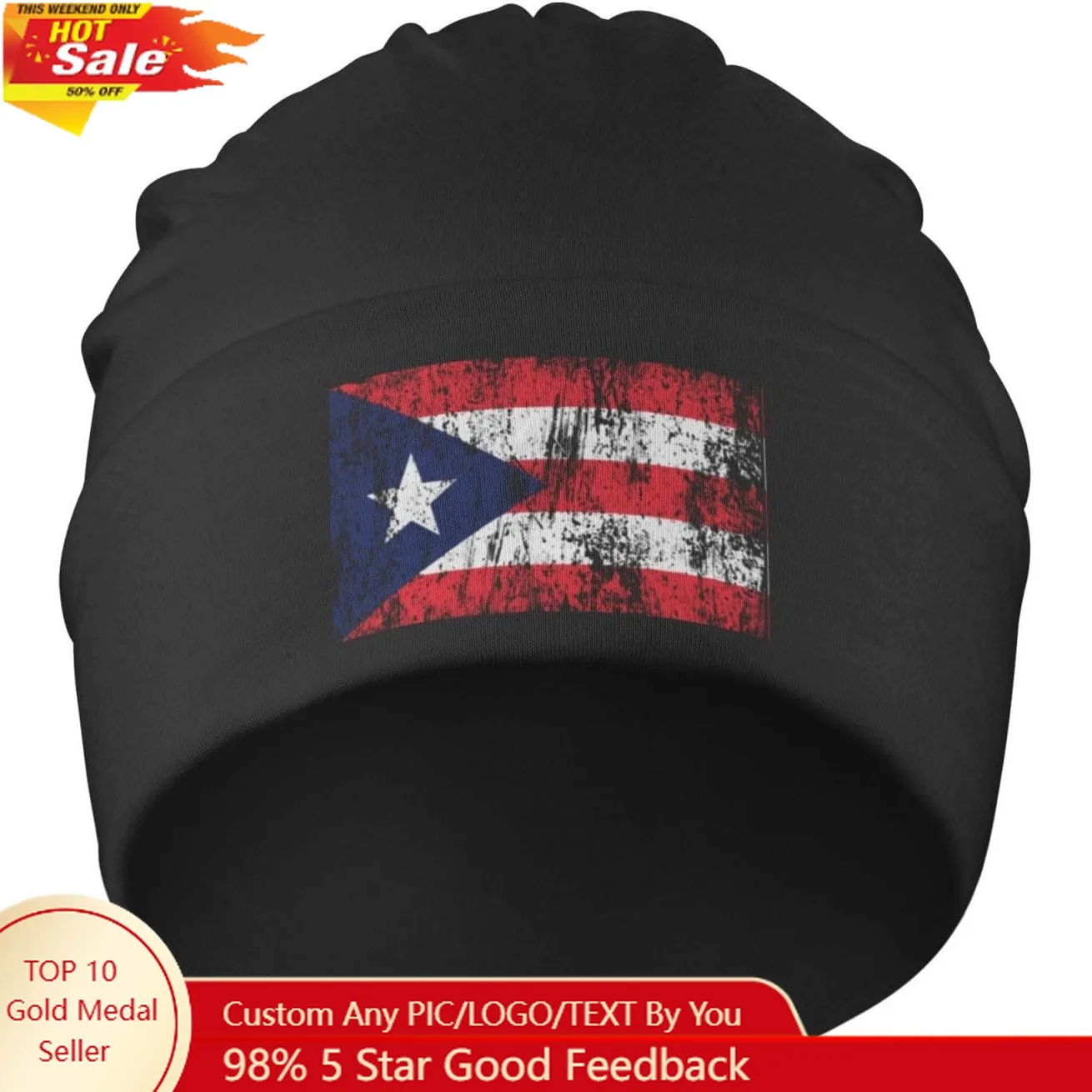 Funny-Puerto-Rico-Rican-Flag Beanie Hats Men Skull Sleep Cap Knit Sleeping Hat Head Wrap Cap for Men Women Hedging Hat Black