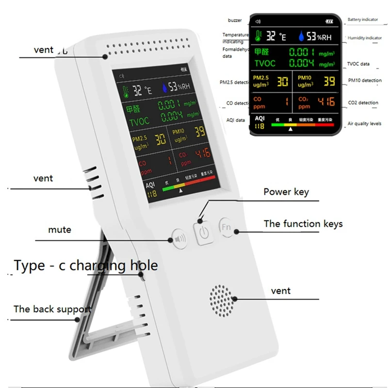 9 In 1 Air Quality Detector LCD Display PM2.5 PM10 HCHO TVOC CO CO2 AQI Temperature Humidity Air Quality Monitor