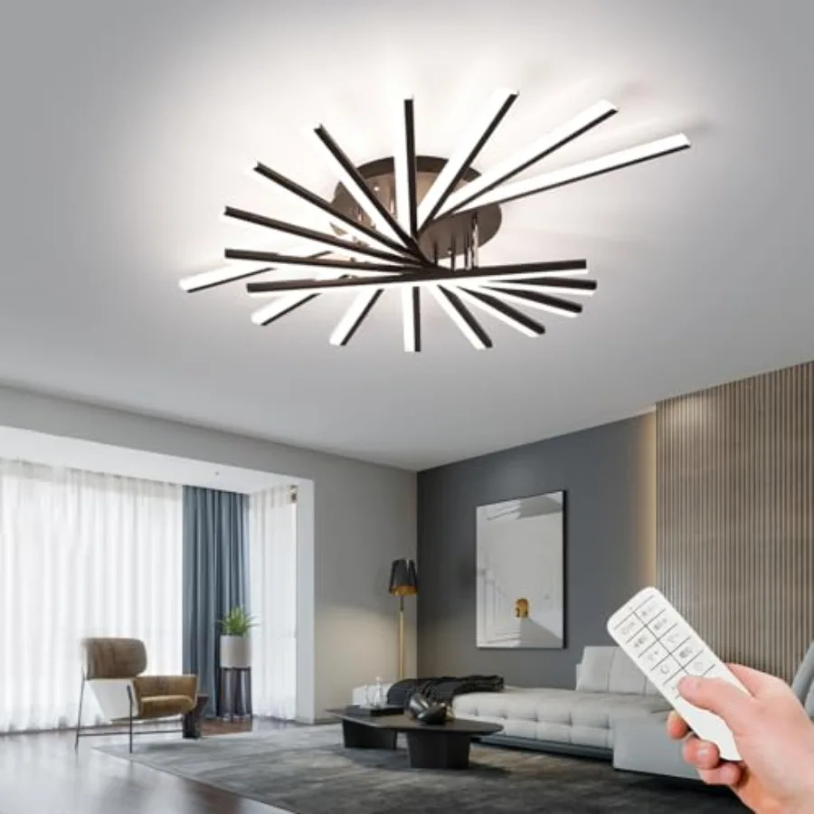 9 Lights Linear Modern Ceiling Lamp 45.3 inch Dimmable Led Semi Flush Mount Black Spiral Ceiling Light Fixture for Bedroom Dini