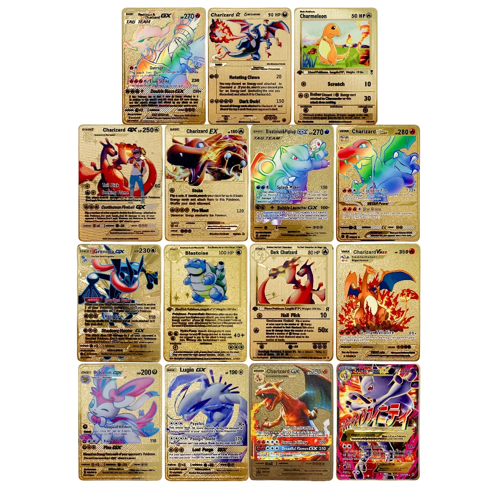 かわいいアニメポケモン英語メタルカードセット漫画キャラクターリザードンピカチュウミュウツー子供のギフトカードコレクション-vmax-ゲーム