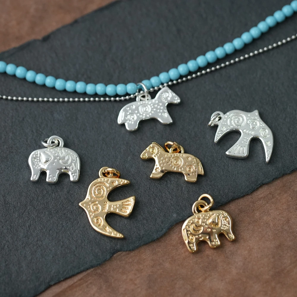 6PCS Gold Plated Brass Retro Ethnic Pattern Totem Animal Pendant Jewelry DIY Handmade Material Accessories Making Supplies