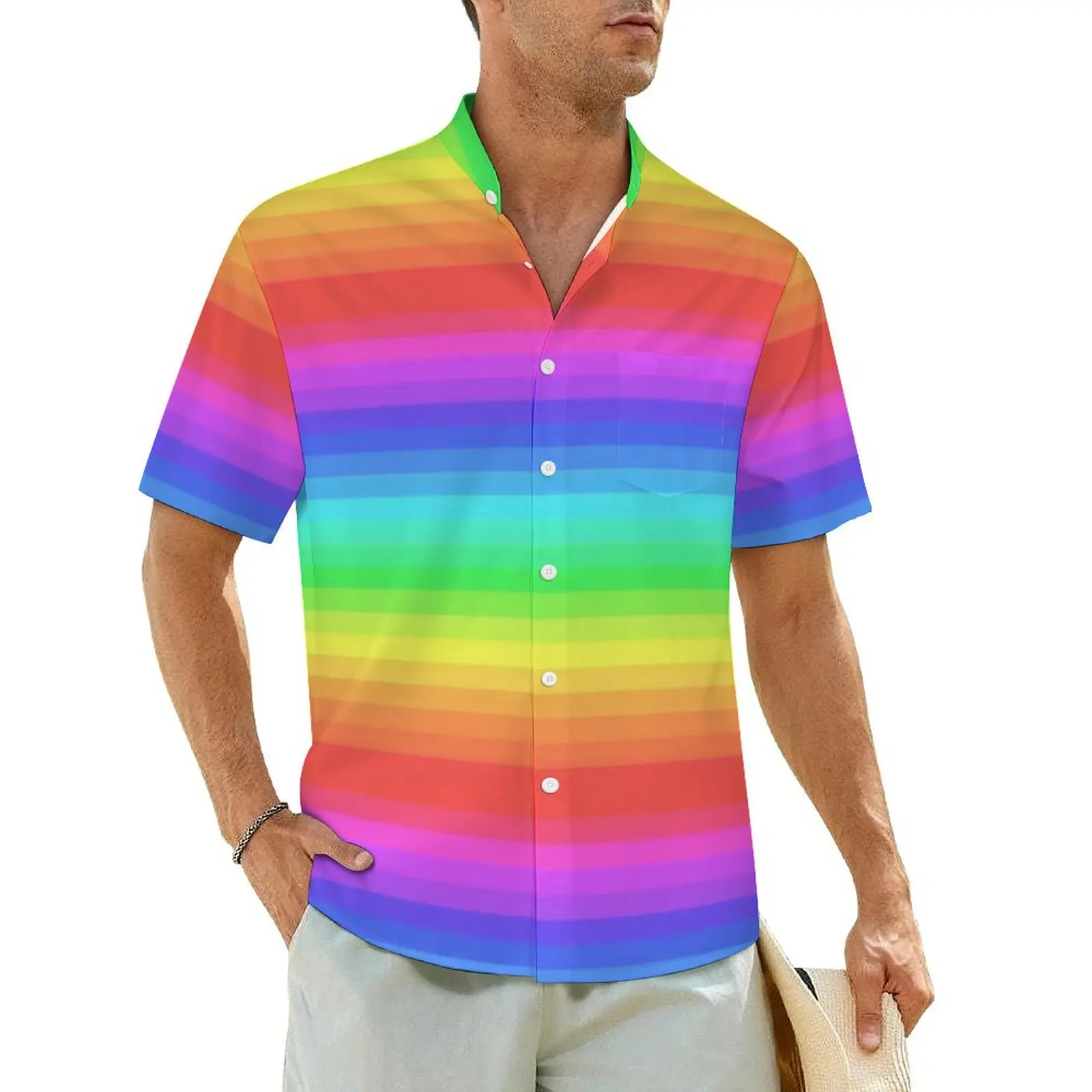 

Bright Rainbow Summer Shirt For Men Vacation Colorful Stripes Print Casual Shirts Short Sleeve Fashion Elegant Oversized Blouses