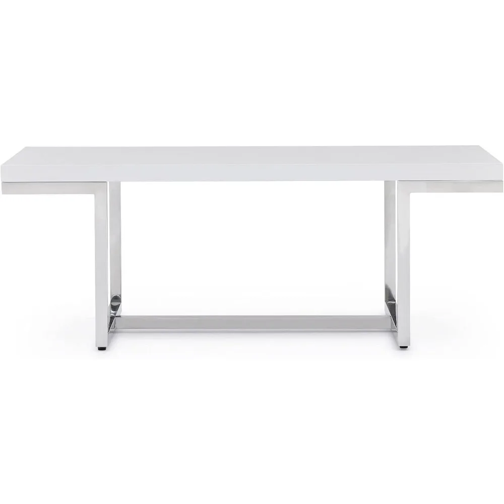 Tables de Salle à Manger Modernes avec Base en Acier Inoxydable Poli, Meuble avec Laque Blanche Brillante