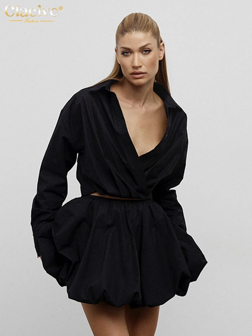 

Clacive Fashion Loose Black Cotton 2 Piece Set Women Elegant Long Sleeve Shirt With High Waist Pleated Mini Skirt Set Female