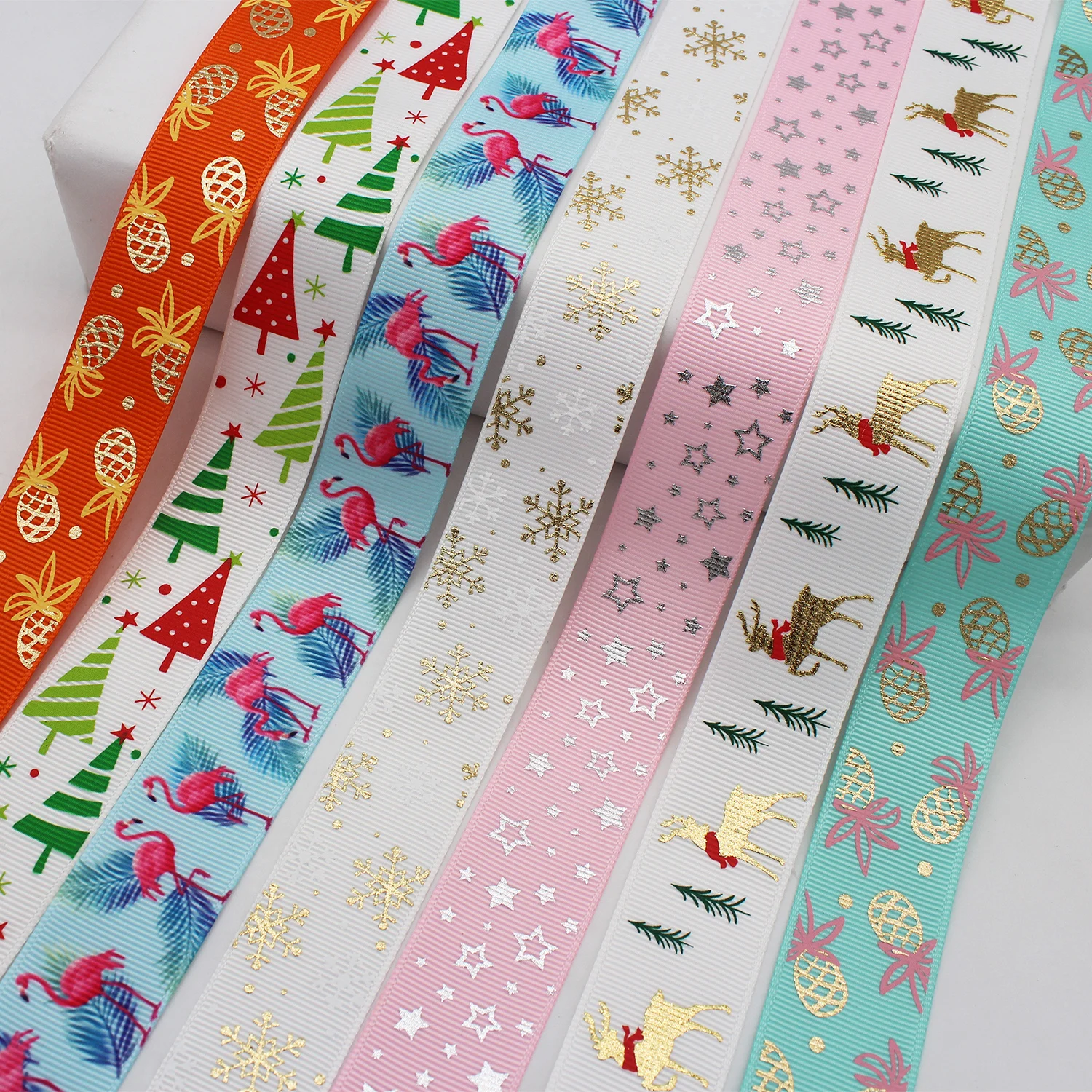 5 Yards/Lots Satin Grosgrain Ribbon Printed Flower For Christmas For DIY Hairbow Packing Wedding Party Wrapping Sewing Fabric