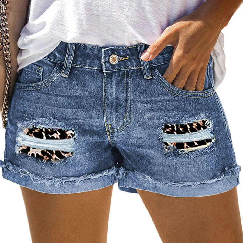 ファッションヒョウリッピング女性ジーンズショーツ夏スタイリッシュなロールアップ裾デニムホットパンツストリート生エッジ女性スーパーショートパンツ