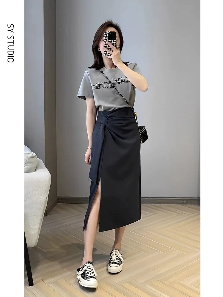 

Fashionable Casual Print Top Skirt Set Women's Summer Short Sleeve T-Shirt Asymmetrical Skirt Two-Piece Suit