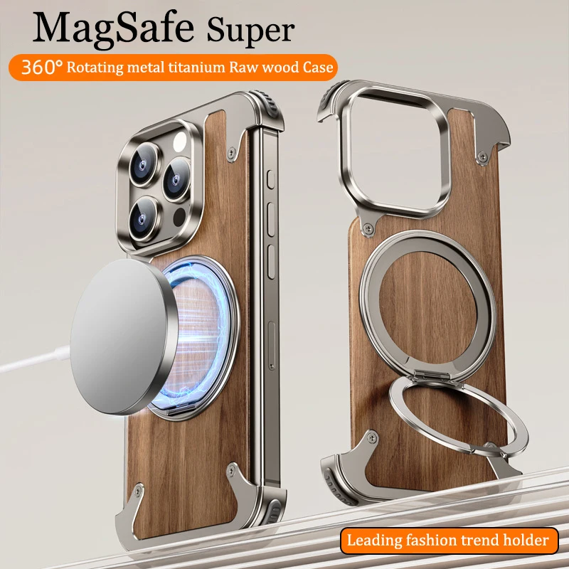 For iPhone 16 15 14 Pro Max Case 360° Rotating Ring Stand Magnetic MagSafe Walnut Wood Metal alloy Framework Protective cover