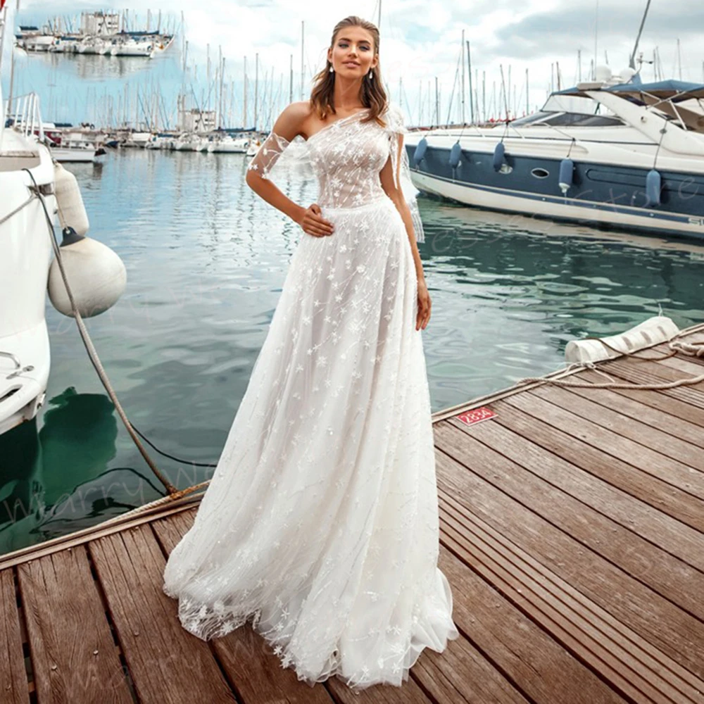 Boho Charming Graceful A Line Women's Wedding Dresses Classic Modern Lace One Shoulder Bride Gowns Vintage Beach Robe De Mariée