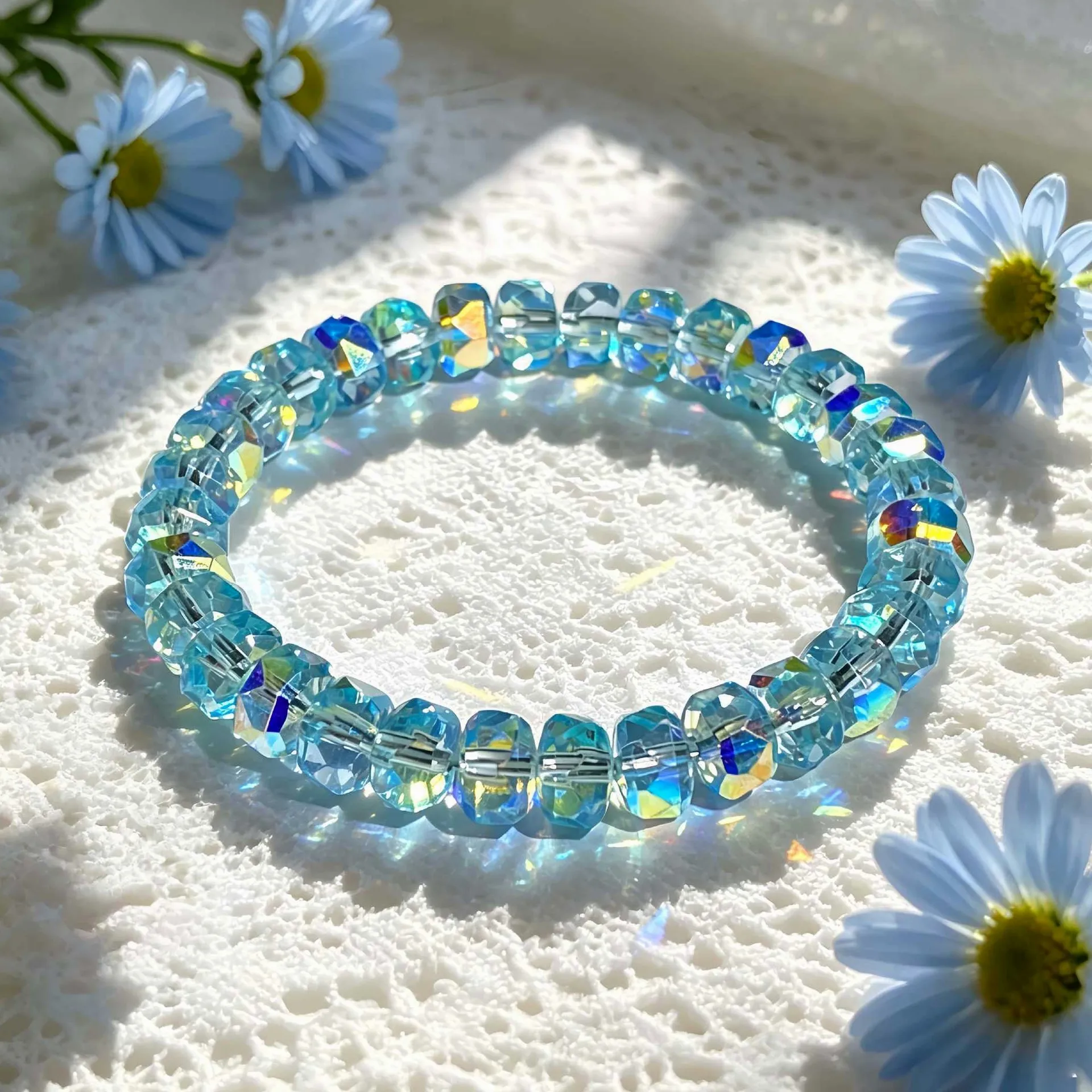 Light Luxury Iridescent Faceted Blue Crystal Bracelet For Women Beaded Daily Versatile Elegant Translucent High-End Jewelry
