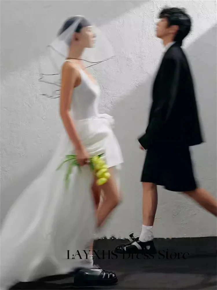 LAYXHS 韓国スパゲッティストラップのウェディングドレスプリーツ 3D 花サイドスリットブライダルドレスカスタマイズされたローブデマリー