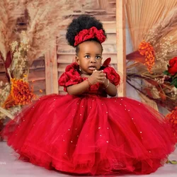 Customized Red Flower Girls Dresses for Wedding Princess Beaded Lace Kids First Communion Christening Dress Girls Party Gown