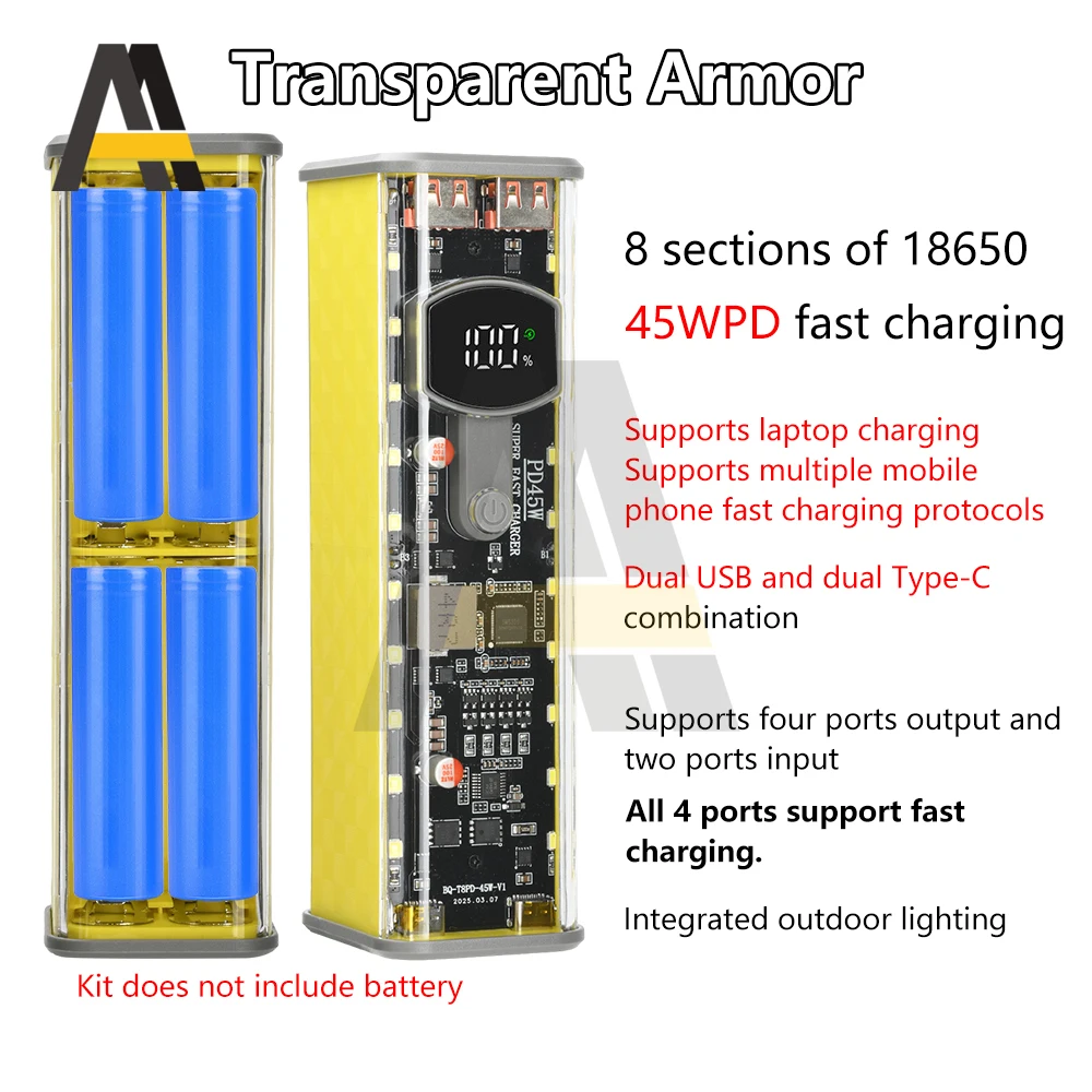45W 8*18650 พาวเวอร์แบงค์กรณีโปร่งใสเปลือกที่ชาร์จเร็วกรณีที่ถอดออกได้แบตเตอรี่ชาร์จกล่องเก็บไม่มีแบตเตอรี่