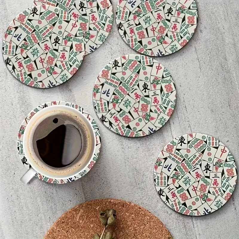 12pcs Mahjong Theme Wooden Tea Cup Coasters with Chinese Characters And Flowers Heat Insulation Circular Home Decor