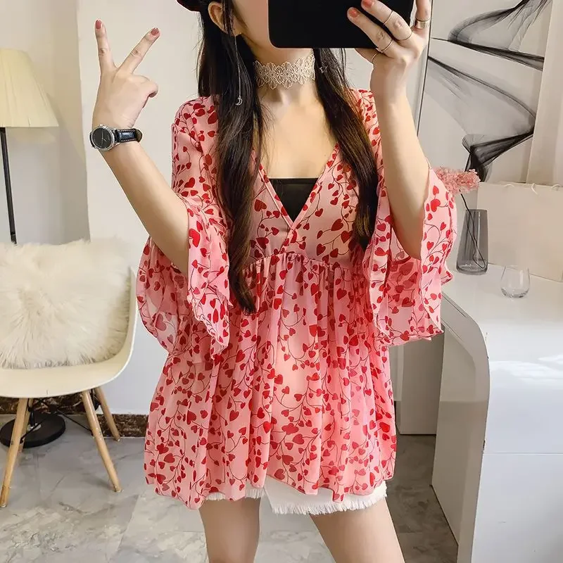 

Fashion Printed Spliced Ruffles Folds Flare Sleeve Blouse Women's Clothing Summer New Casual Pullovers Sweet Floral Shirt XQ145