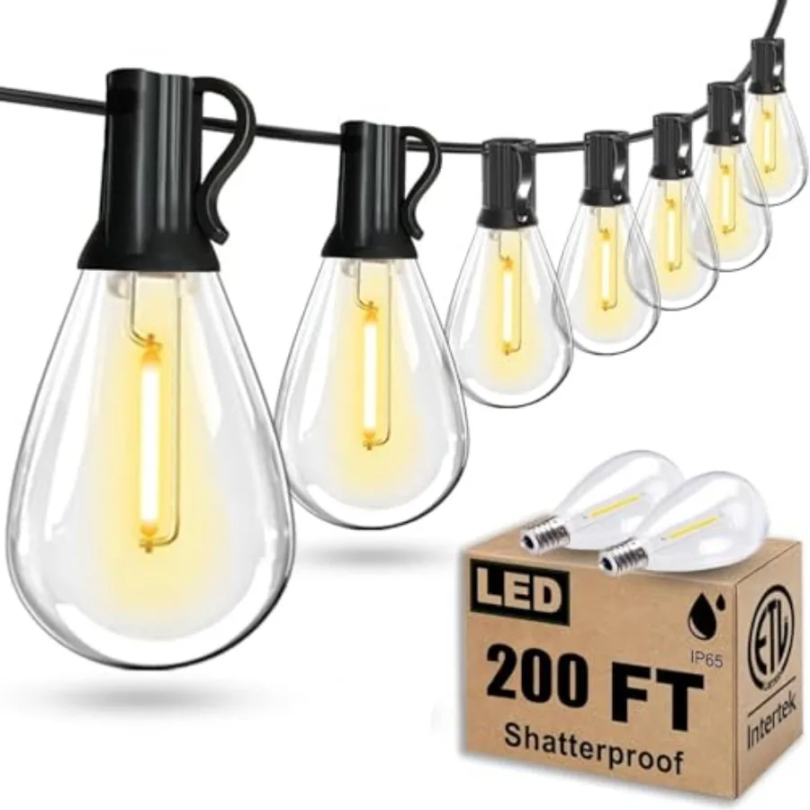 

200FT Outdoor String Lights, Ultra Long Waterproof 60+2 Shatterproof Bulbs Led Outside Patio Lights for Porch Deck Garden Backy