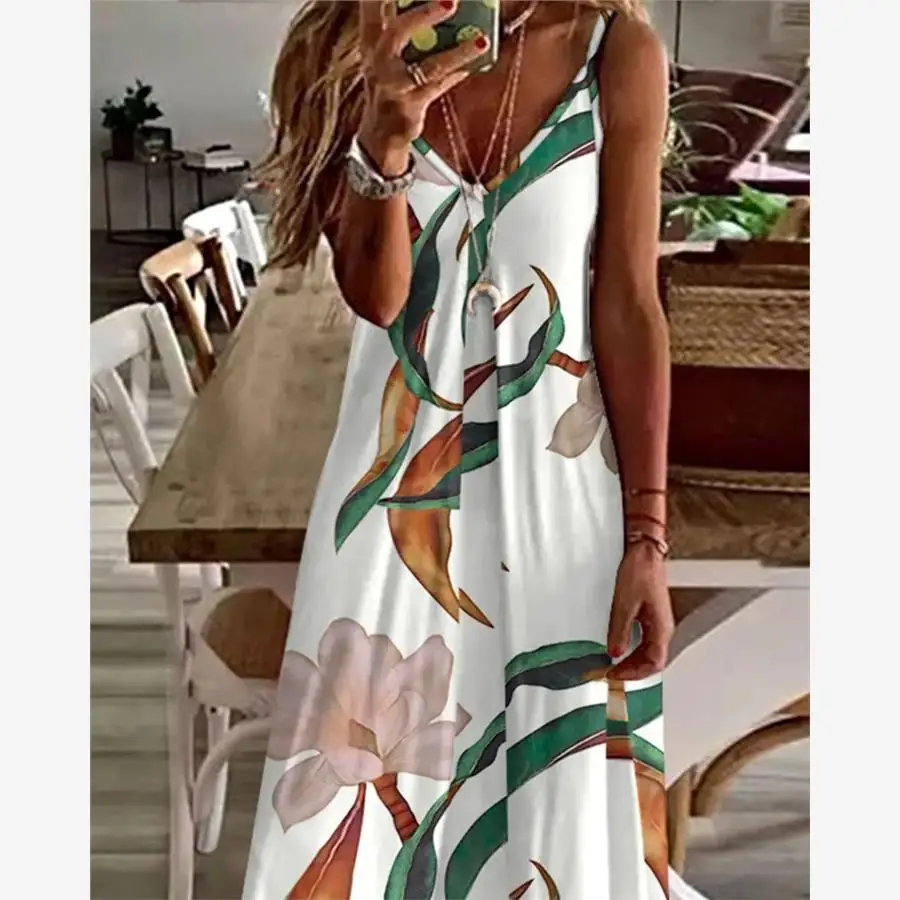 فستان نسائي صيفي طويل مطبوع كاجوال Dr Sweet Sle عالي الخصر V-Ne Svel على شكل حرف a زهور نباتية عزر