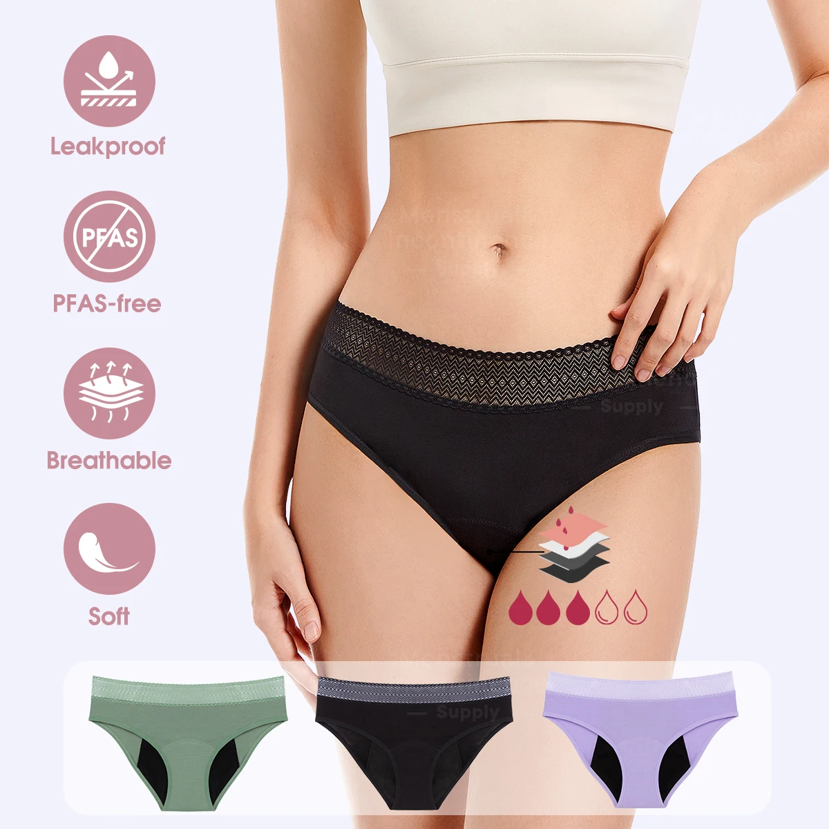 

Mid Waist Period Panties High Absorbency 4-Layer Leakproof Undies Bamboo Fiber Breathable Reusable Menstrual Underwear