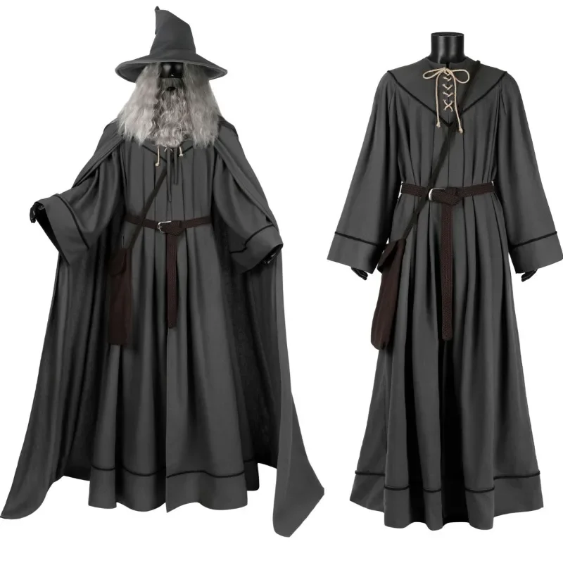 FC6Disguise Grey Gandalf Cosplay Costume Man Robe Cloak Outfit with Hat Wig Halloween Fancy Dress Custom Size@FC8！