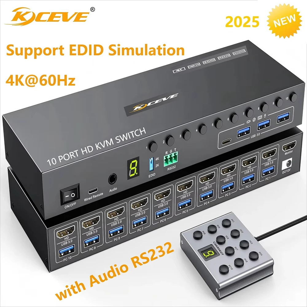 

10 Ports KVM Switch 4K@60Hz EDID Simulation,USB3.0 KVM Switch for 10 Computers Share 1 Monitor 4 USB Device,with Audio RS232