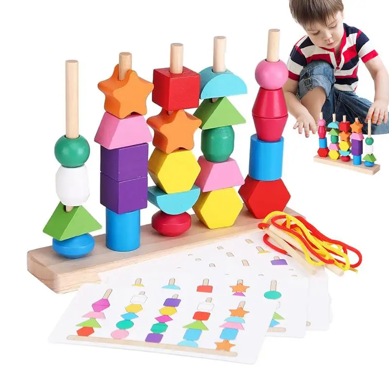 Wooden Lacing Beads Montessori Educational Wooden Lacing Beads Toys Shape Sorter Stacking Block STEM Preschool Toddler