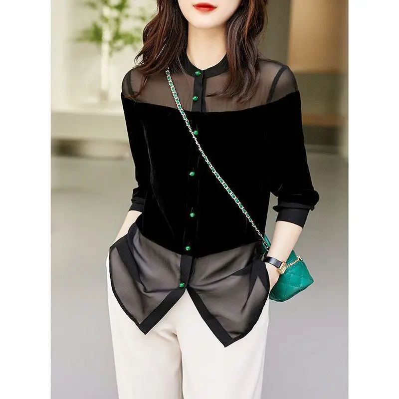 Fashion Sexy Sheer Mesh Spliced Button Blouse Autumn Women\'s Clothing Round Neck Casual Long Sleeve Solid Color Female Shirt