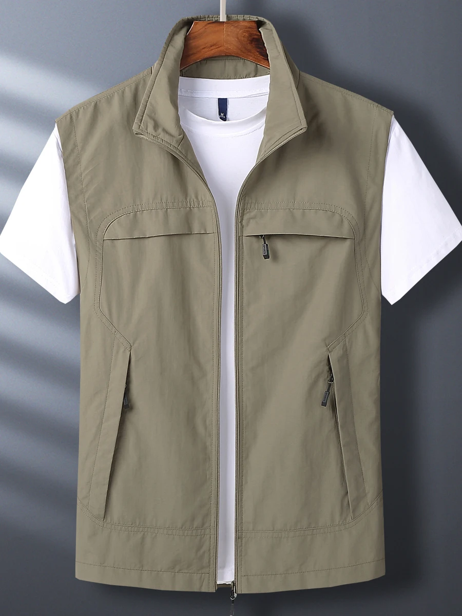 

Spring Autumn Men's Casual Fishing Vest Breathable Multi-Pocket Large Size Cardigan Khaki Open Cardigan Jacket Outdoor Wear