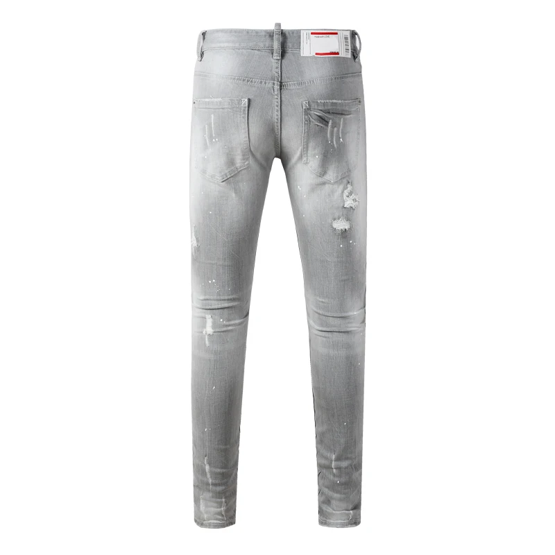Fashionable new men's jeans washed nostalgic stretch slim fit light gray jeans hip-hop brand pants Y2K