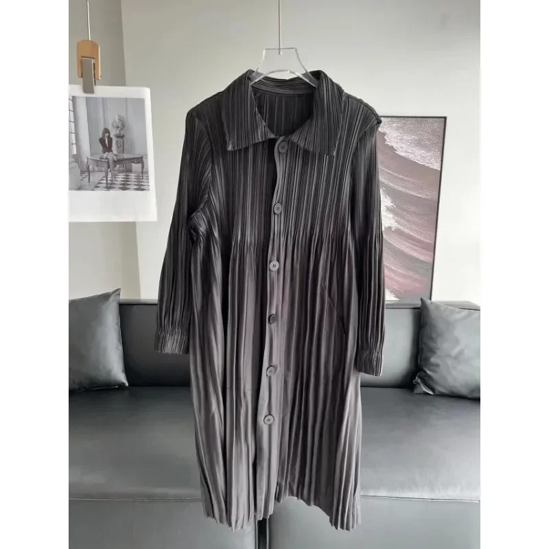 GGHK Pleated Women Long Jacket 2024 Autumn and Winter New Solid Color Classic Retro Design Korean Fashion Female Jacket