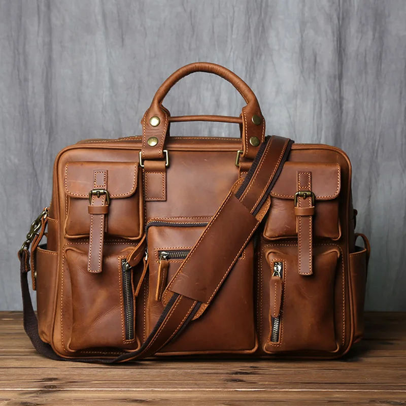 Retro Herren Leder Handtasche Oberschicht Rindsleder Aktentasche Große Kapazität Reisetasche Crazy Horse Leder Laptop Umhängetasche NZPJ – Detail 4