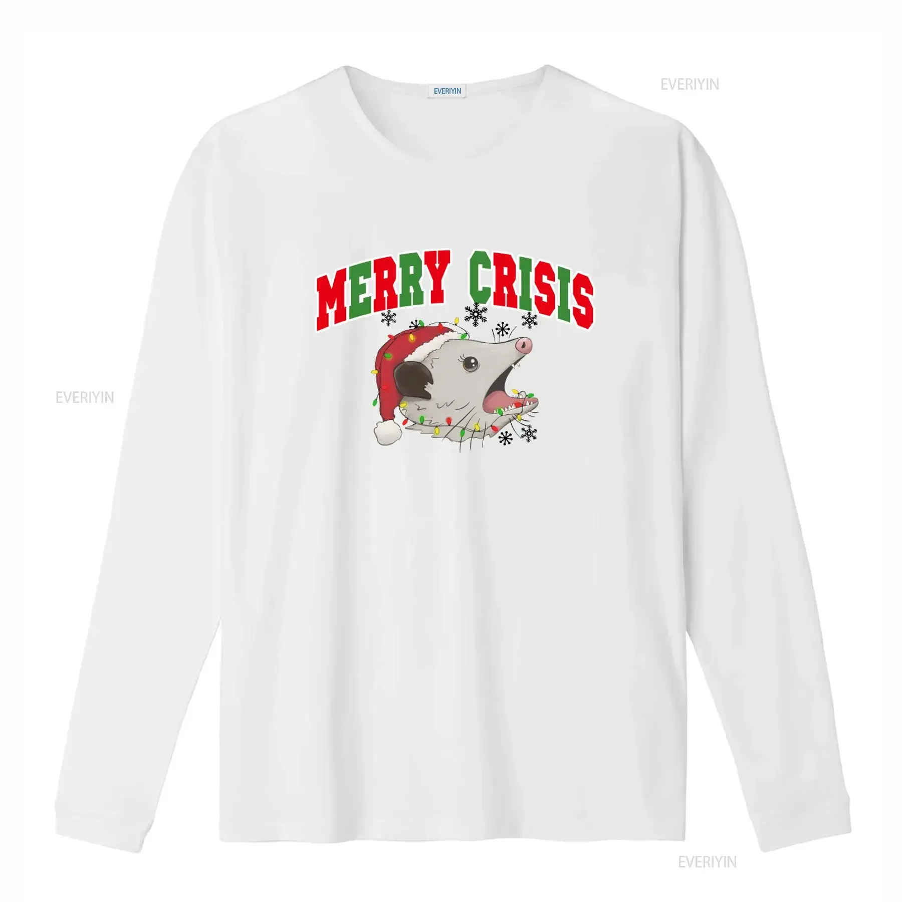 Merry Crisis Opossum Funny Christmas T Shirt Festive Design with Lights and Santa Hat vintage Washed streetwear fashion