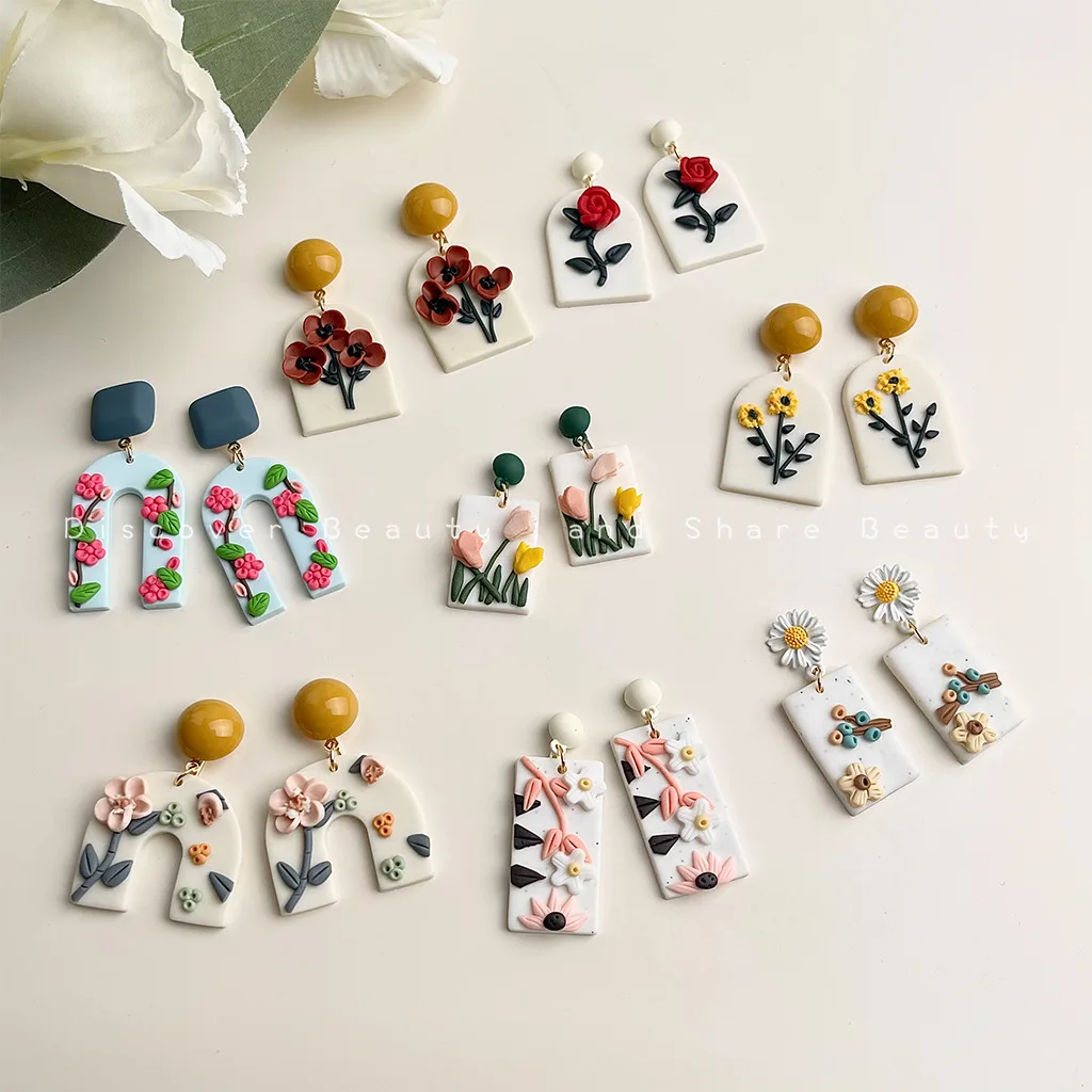 

DIY accessories Art raw soft pottery flower earrings female personality exaggerated three-dimensional rose stud earrings sweet t